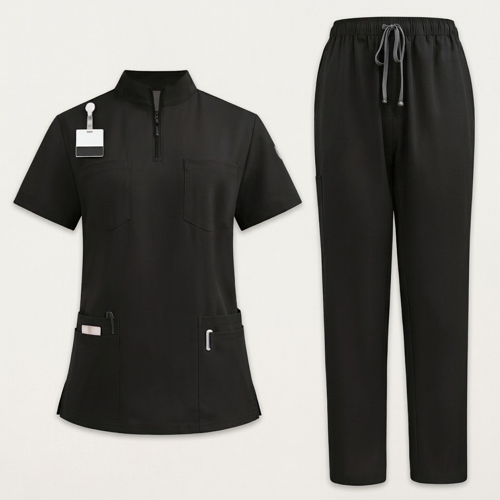 Black mandarin collar zip scrub top and drawstring pants