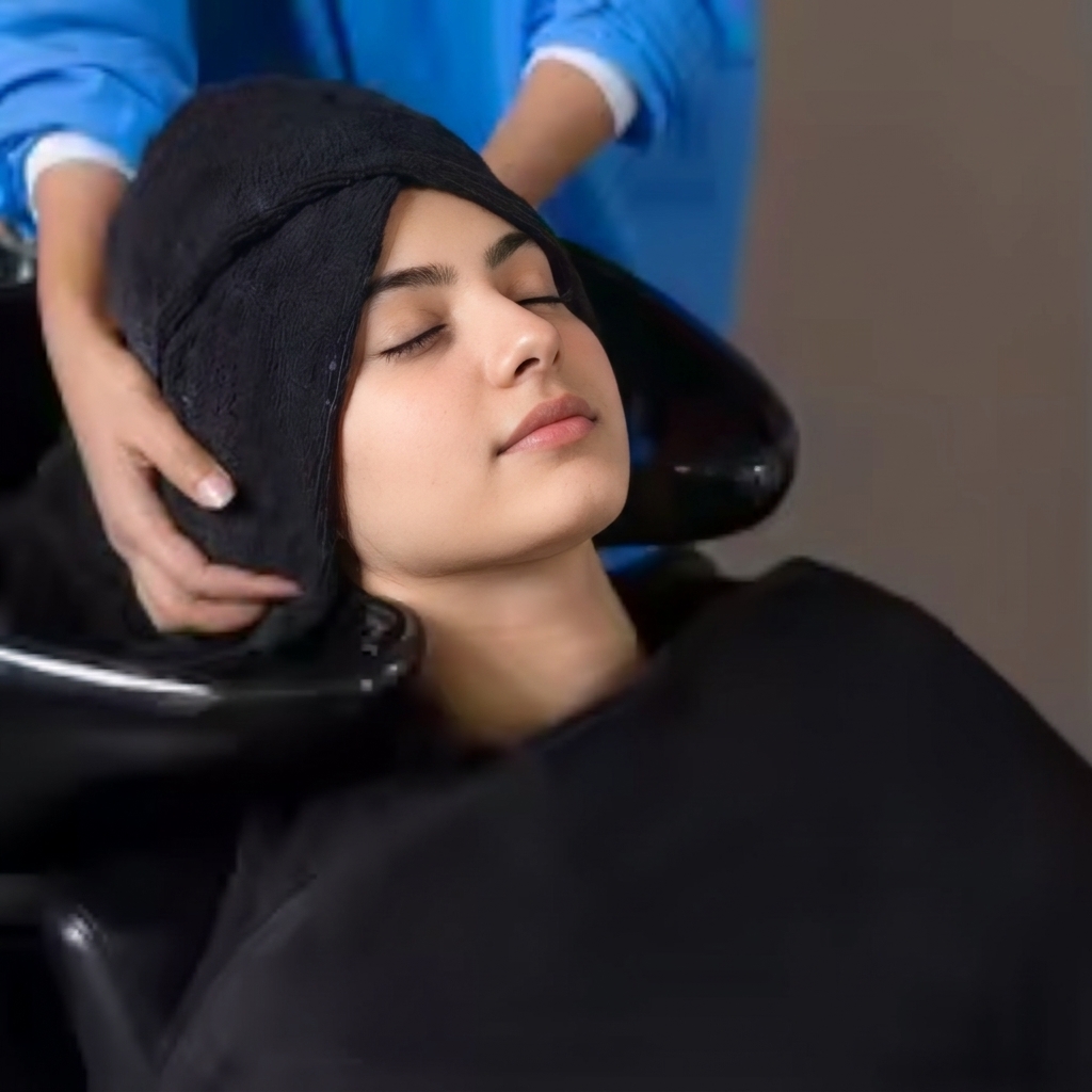 Hairdresser drying a client's hair with a black salon towel at the wash basin
