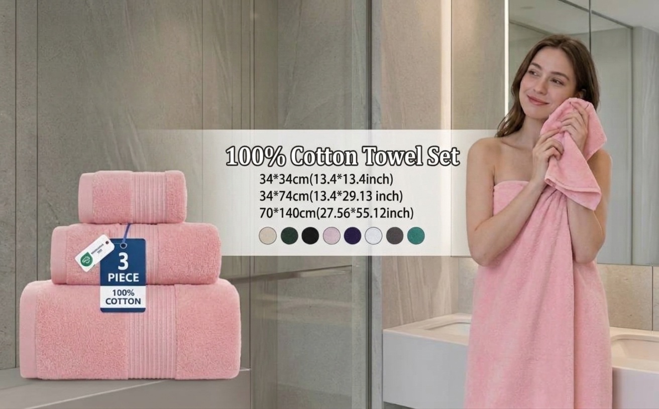 3-piece cotton towel set with face, hand and bath towel in soft pink