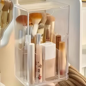 Clear makeup brush holder filled with brushes, lipsticks and concealers