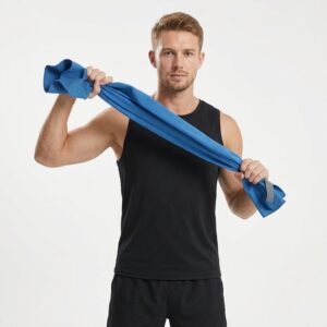 Blue microfibre gym and travel towel folded with carry strap