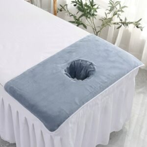 Massage Table Face Hole Towel – Blue Grey Blue grey plush massage table towel with fabric-lined face hole