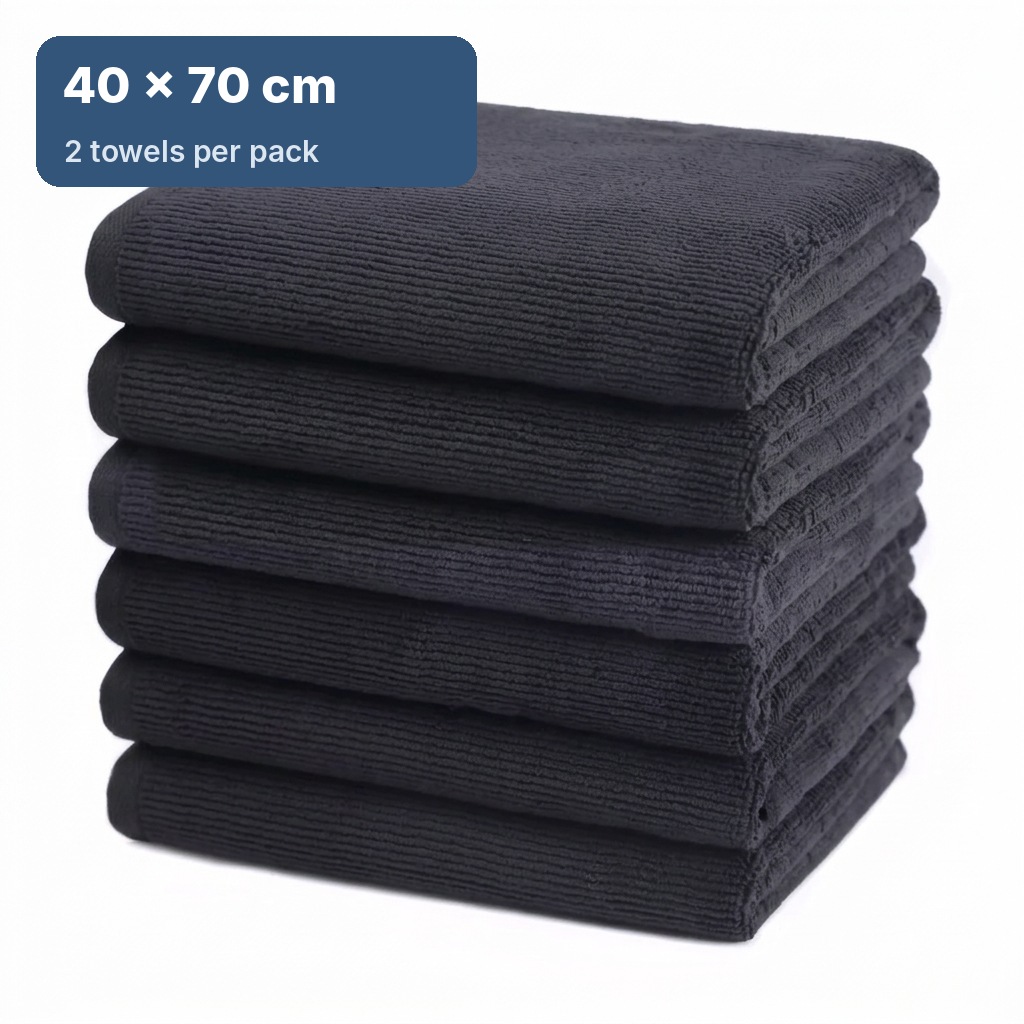 Black microfibre salon towels, 40 × 70 cm, 2 towels per pack