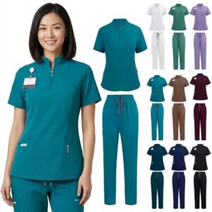 Unisex mandarin collar zip scrub set in 9 colours, top and pants