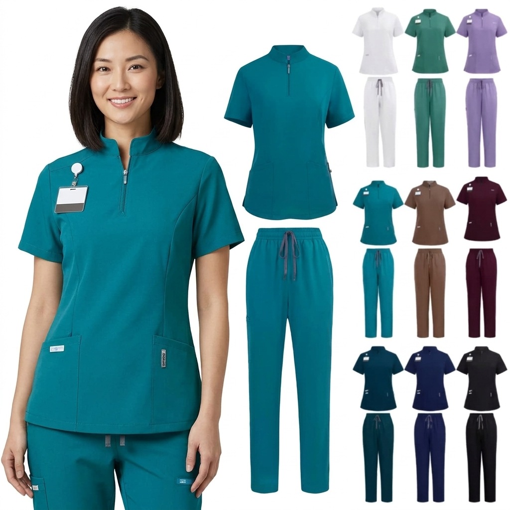 Unisex mandarin collar zip scrub set in 9 colours, top and pants