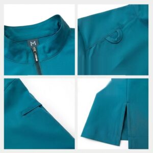 unisex-scrub-set-mandarin-zip-details Close-ups of zip collar, shoulder loop, pocket and side split