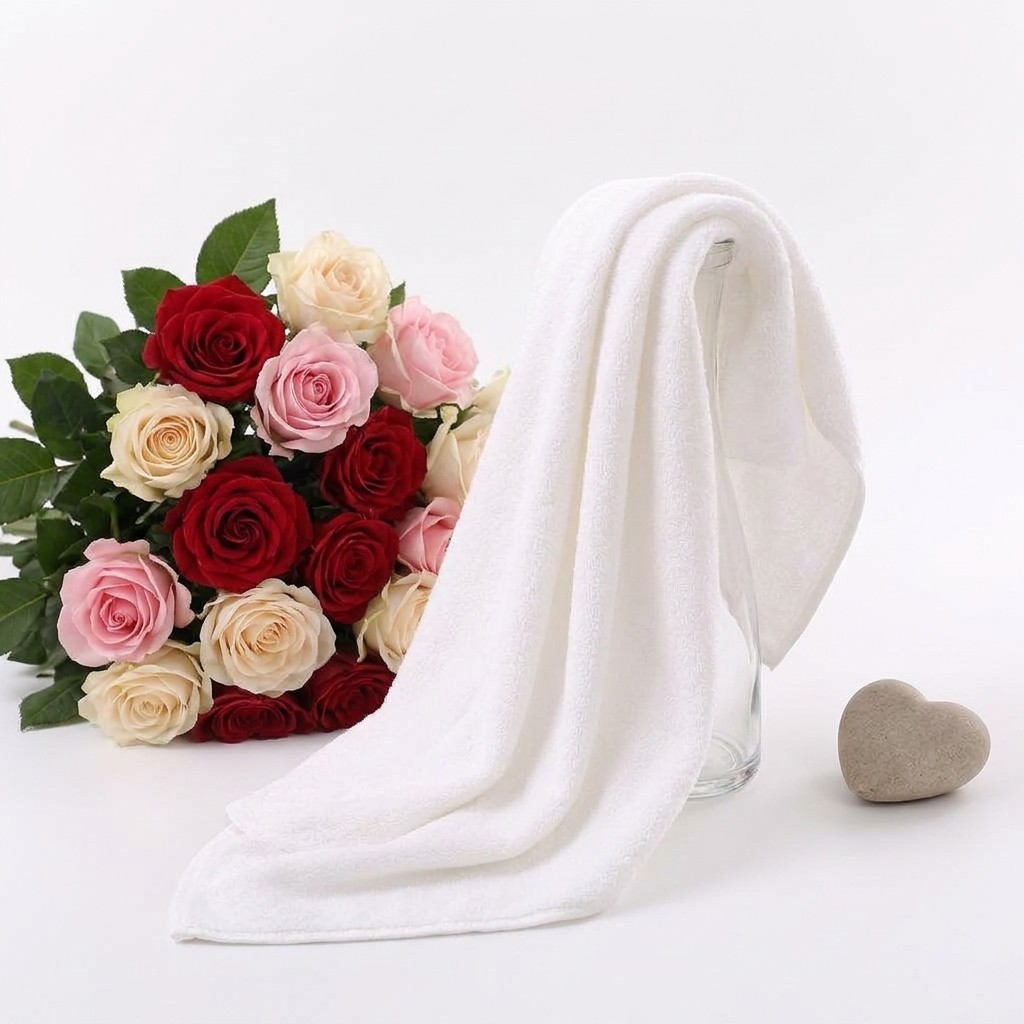 Soft white microfibre hand towel draped over a vase