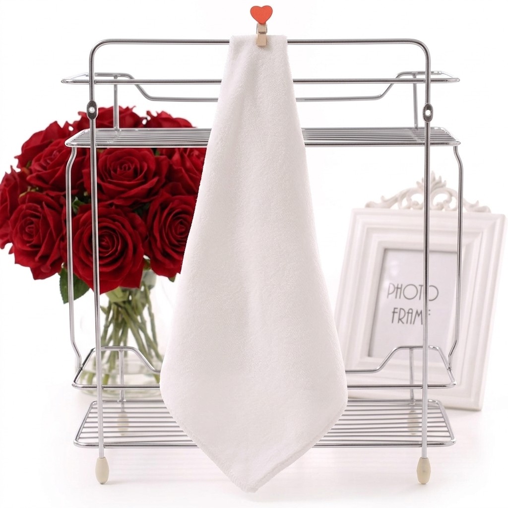 White microfibre towel hanging on a rack