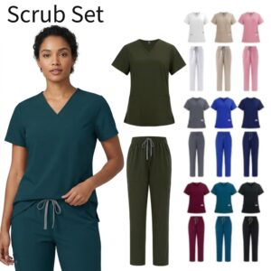 Women's V-neck scrub set in 11 colours, top and pants